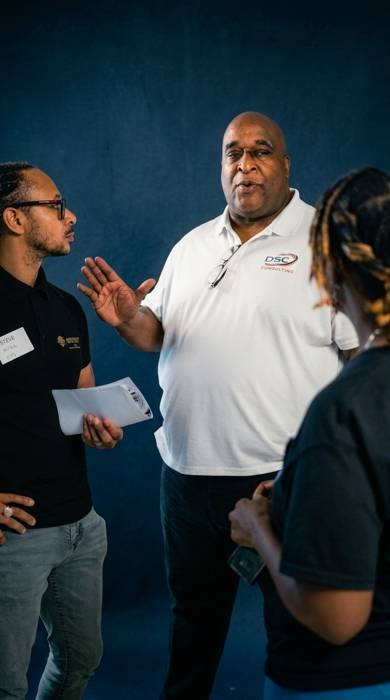 Dr. Dan Carrera in a DSC Consulting polo speaking with attendees at a community event