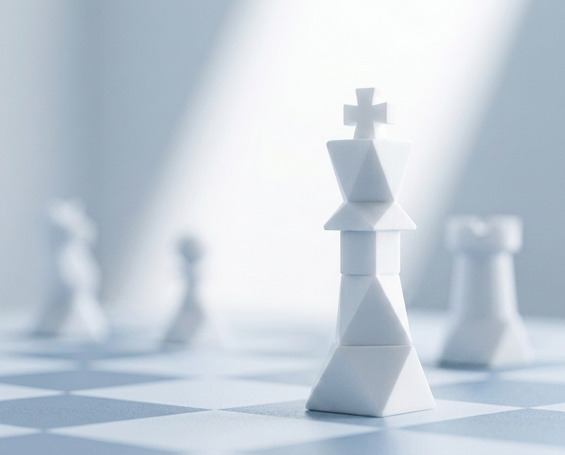 A white faceted chess king lit by a shaft of light with blurred pieces behind